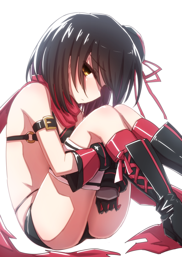1girl, alice_(mary_skelter), alternate_costume, black_hair, gloves, hair_ornament, hairclip, looking_at_viewer, mary_skelter, mizunashi_(second_run), short_hair, solo, yellow_eyes
