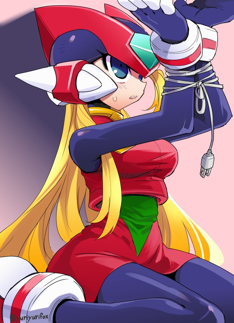 1girl, blonde_hair, bound, cable, electric_plug, female, full_body, genderswap