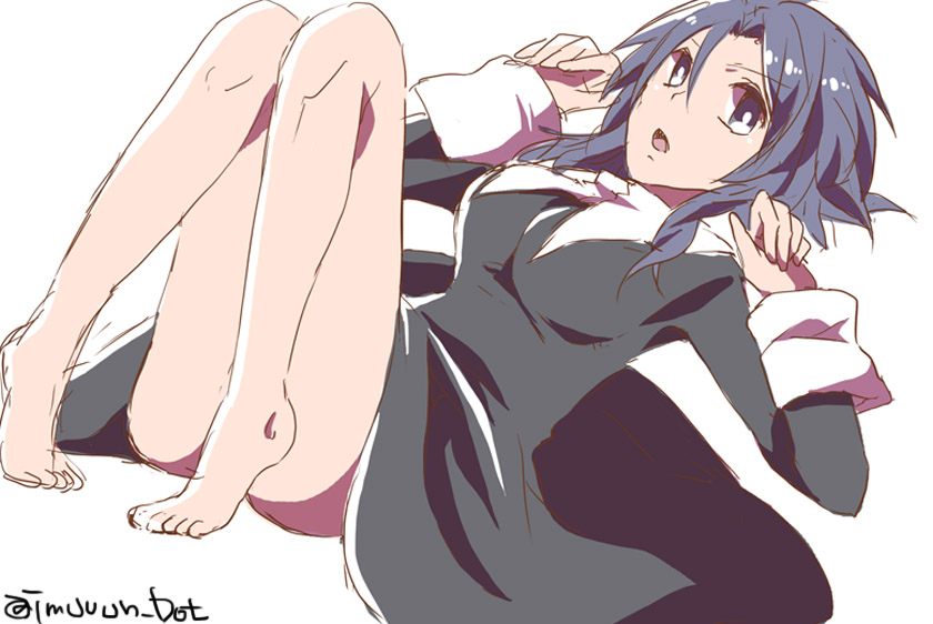 1girl, :o, blue_eyes, blue_hair, breasts, cassock, ciel, feet