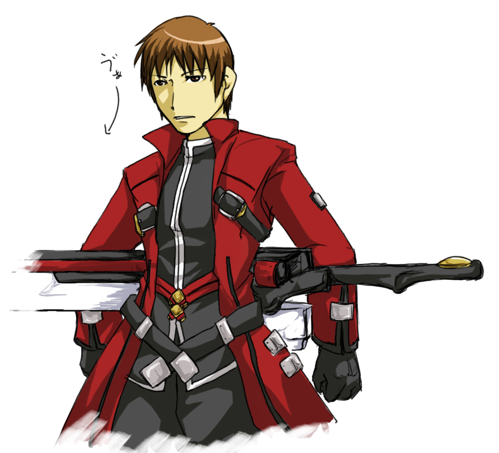awesome, blazblue, brown_eyes, brown_hair, cosplay, crossover, kyon, kyon_the_bloodedge, male, ragna_the_bloodedge, ragna_the_bloodedge_(cosplay), seiyuu_connection, seiyuu_joke, solo, sugita_tomokazu, suzumiya_haruhi_no_yuuutsu, sword, weapon