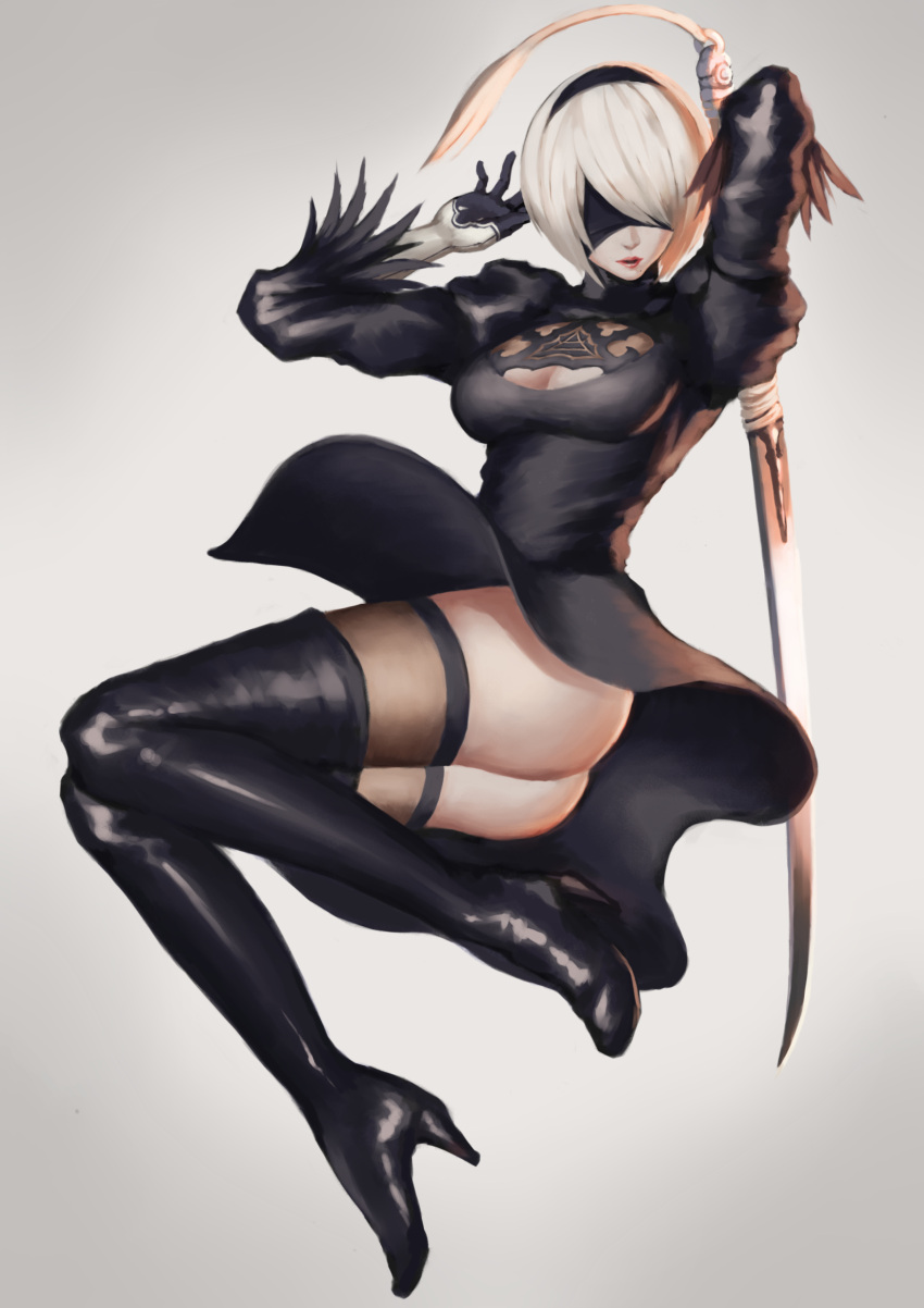 1girl, arms_up, ass, bangs, black_boots, black_dress, black_gloves, black_hairband, black_legwear, blindfold, boots, breasts, cleavage, cleavage_cutout, covered_eyes, dress, full_body, gloves, hair_over_one_eye, hairband, high_heel_boots, high_heels, highres, holding, holding_sword, holding_weapon, juliet_sleeves, katana, legs_together, long_sleeves, madarao_56, medium_breasts, mole, mole_under_mouth, nier_(series), nier_automata, no_leotard, no_panties, parted_lips, pink_lips, puffy_sleeves, ribbed_dress, short_dress, short_hair, side_slit, silver_hair, solo, sword, thigh-highs, thigh_boots, vambraces, weapon, weapon_on_back, yorha_no._2_type_b