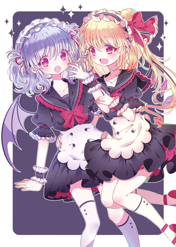 2girls, asymmetrical_legwear, black_dress, blonde_hair, bow, bowtie, collarbone, dress