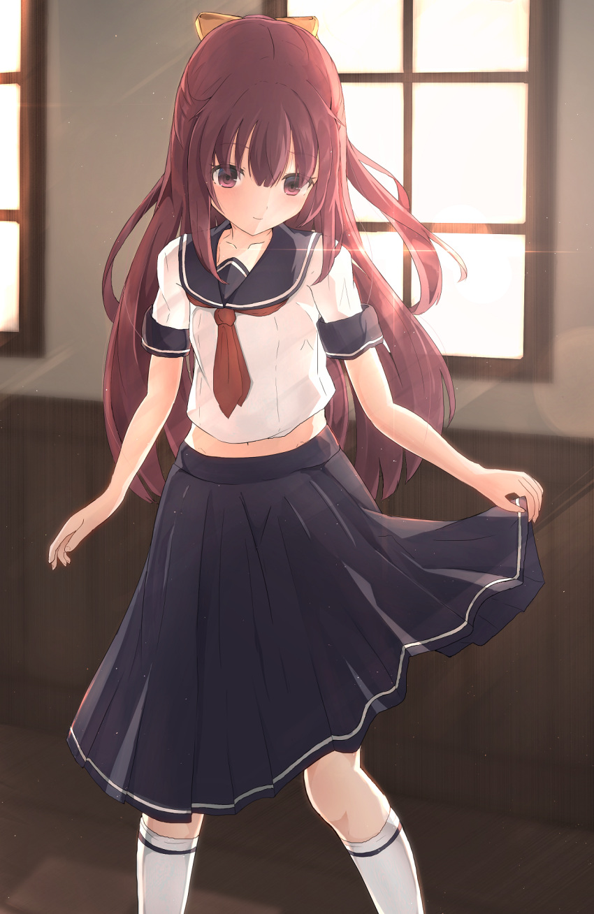 1girl, alternate_costume, blue_skirt, bow, brown_eyes, hair_bow, highres, kamikaze_(kantai_collection)