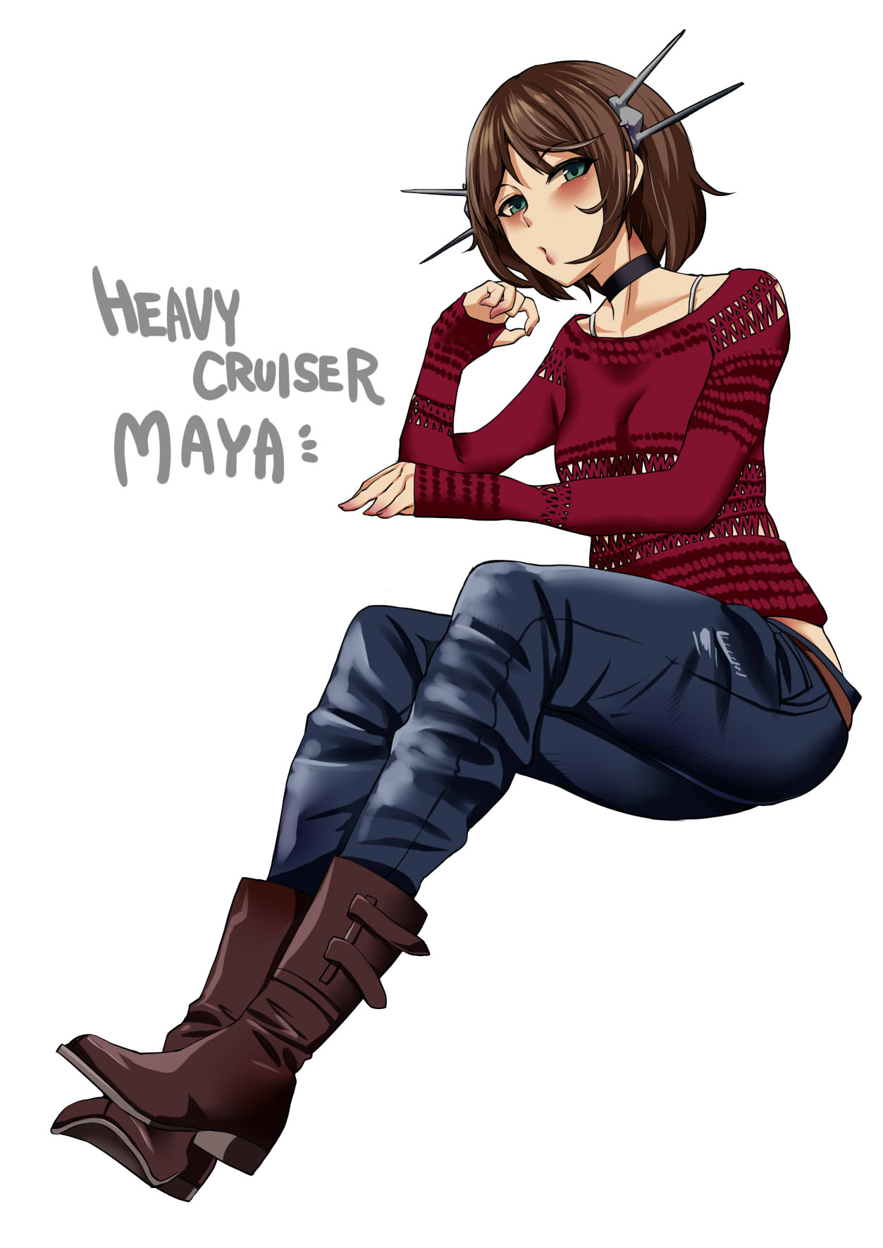 1girl, belt, blush, boots, brown_hair, casual, choker, denim