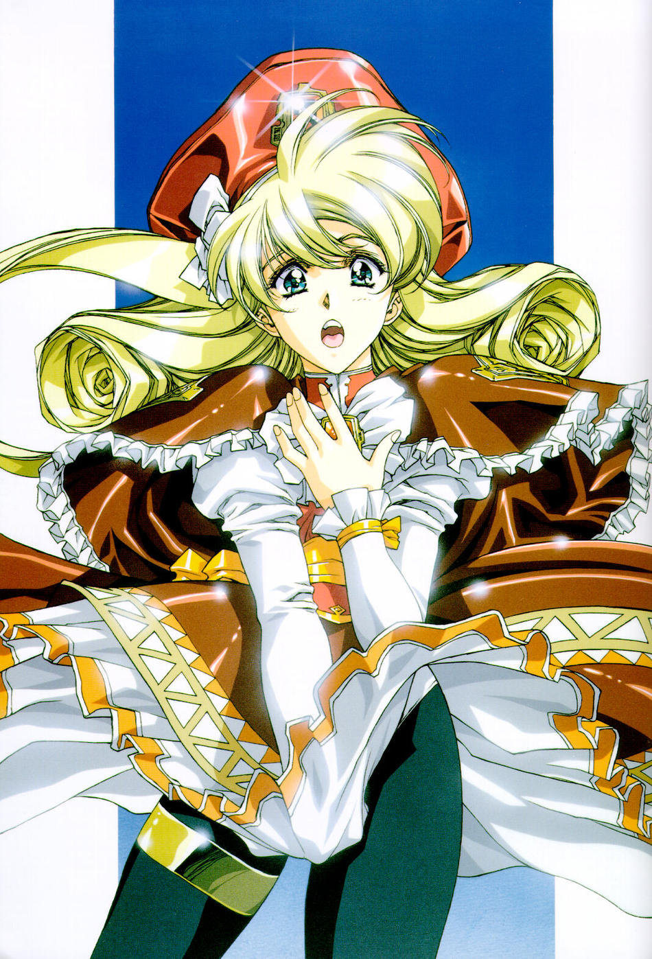black_legwear, blonde_hair, blue_eyes, dress, gloves, hat, highres, langrisser, langrisser_4, langrisser_iv, leggings, long_hair, official_art, pantyhose, rachel_(langrisser), solo, spandex, tricorne, urushihara_satoshi