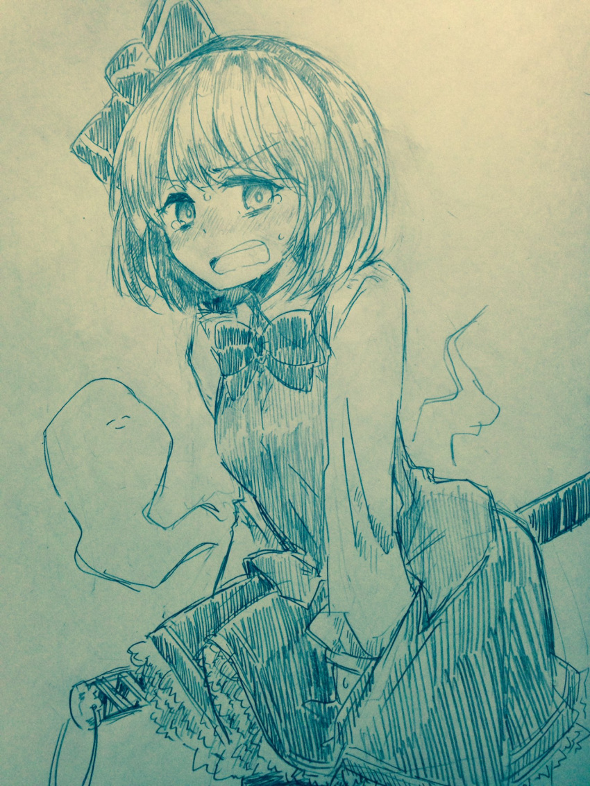 1girl, bangs, blunt_bangs, blush, bow, collared_shirt, commentary_request, cowboy_shot