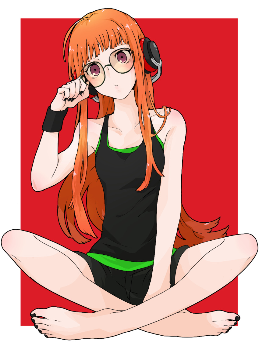 1girl, headphones, highres, long_hair, looking_at_viewer, orange_eyes, orange_hair, persona, persona_5, sakura_futaba, shorts, simple_background, sitting, solo, sowakoo