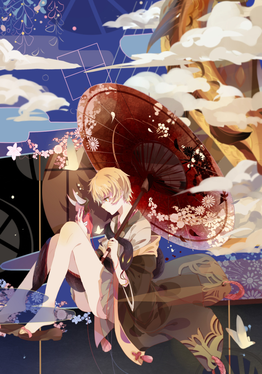1boy, absurdres, blurry, blurry_background, brown_eyes, clouds, glowing, glowing_eyes