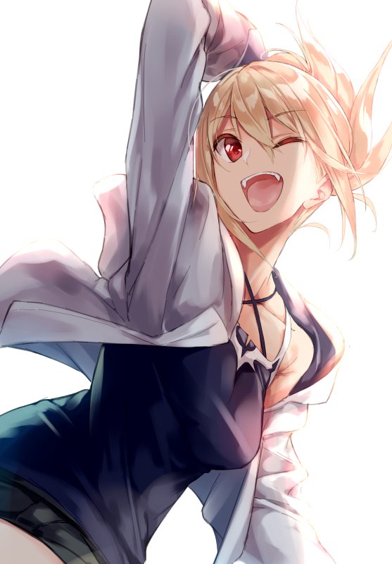 1girl, ahoge, alternate_costume, arm_at_side, blonde_hair, breasts, casual, collarbone