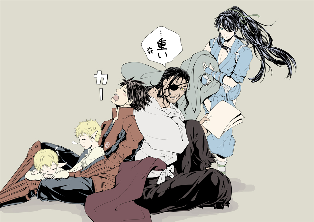 5boys, armor, beard, black_hair, blonde_hair, blush, closed_eyes, drifters