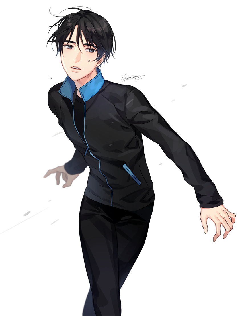 1boy, artist_name, black_hair, gearous, grey_eyes, jacket, lee_seung-gil, male_focus, parted_lips, track_jacket, yuri!!!_on_ice
