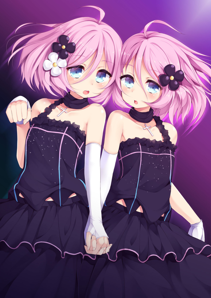 2girls, ahoge, black_dress, blue_eyes, chestnut_mouth, choker, commentary_request, dress