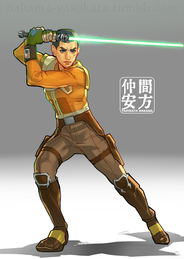1boy, energy_sword, ezra_bridger, fighting_stance, jedi, lightsaber, looking_at_viewer, nakama_yasukata