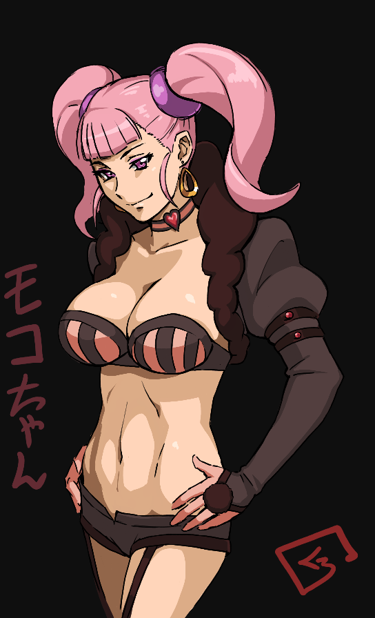 1girl, breasts, captain_earth, choker, cleavage, earrings, garter_straps, hands_on_hips