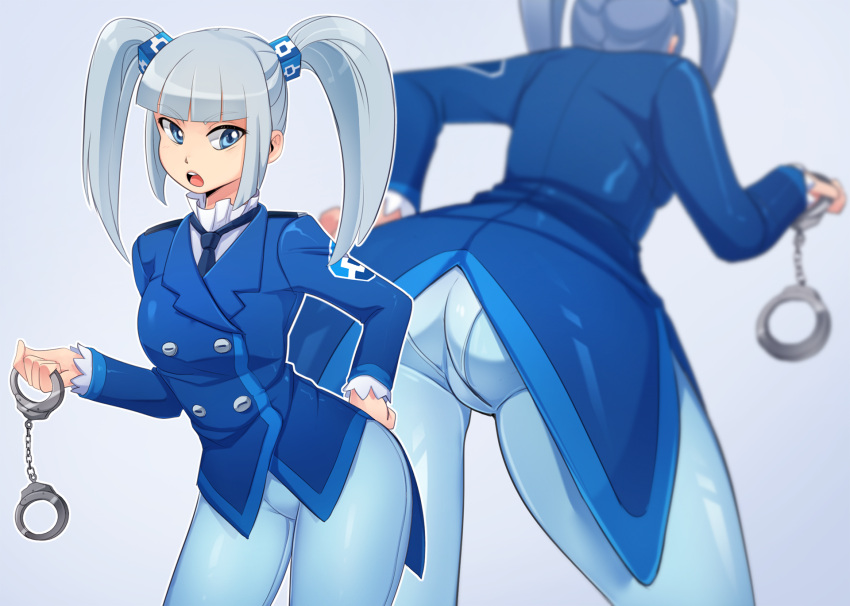 >:o, 1girl, :o, ass, bangs, blue_eyes, blue_legwear, blunt_bangs, cowboy_shot, cuffs, double-breasted, emblem, formal, gradient, gradient_background, hair_cubes, hair_ornament, hand_on_hip, highres, iwbitu-sa, leaning_forward, long_hair, looking_at_viewer, multiple_views, necktie, original, pantyhose, personification, rkn-chan, suit, twintails