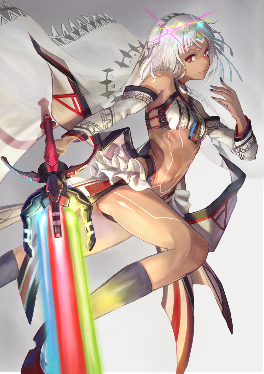 1girl, absurdres, altera_(fate), ass, bare_shoulders, black_legwear, black_nails, closed_mouth