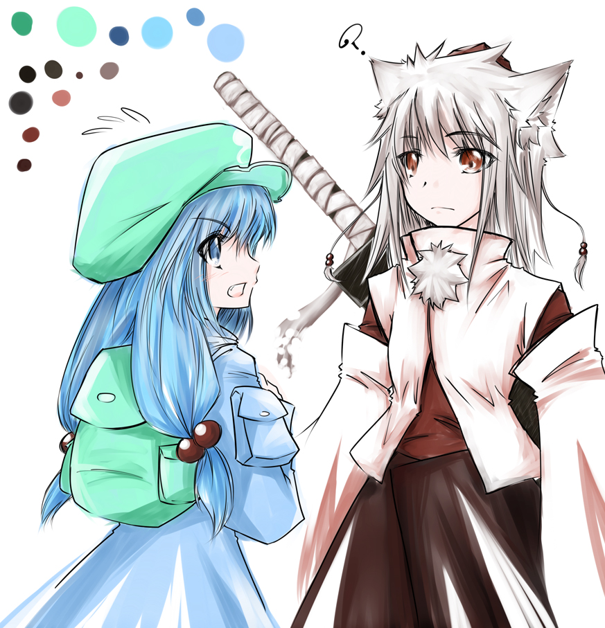 2girls, adult, alternate_hairstyle, backpack, bag, blue_eyes, blue_hair, hair_bobbles