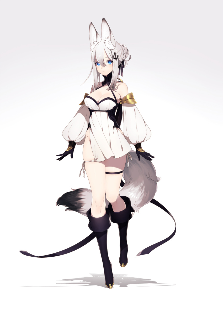 1girl, anchor_hair_ornament, animal_ears, arms_at_sides, bangs, black_boots, black_gloves, blue_eyes