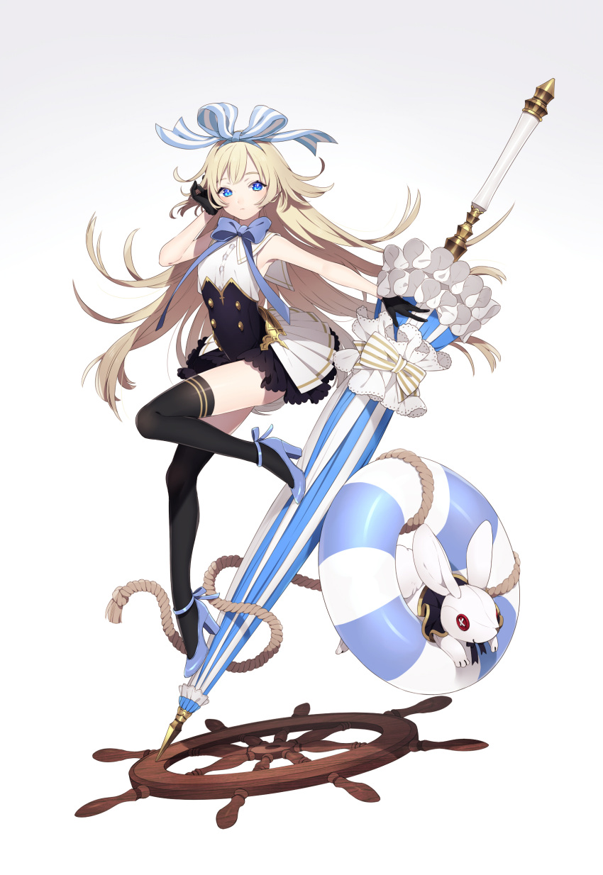1girl, absurdres, armpits, bangs, black_gloves, blonde_hair, blouse, blue_bow
