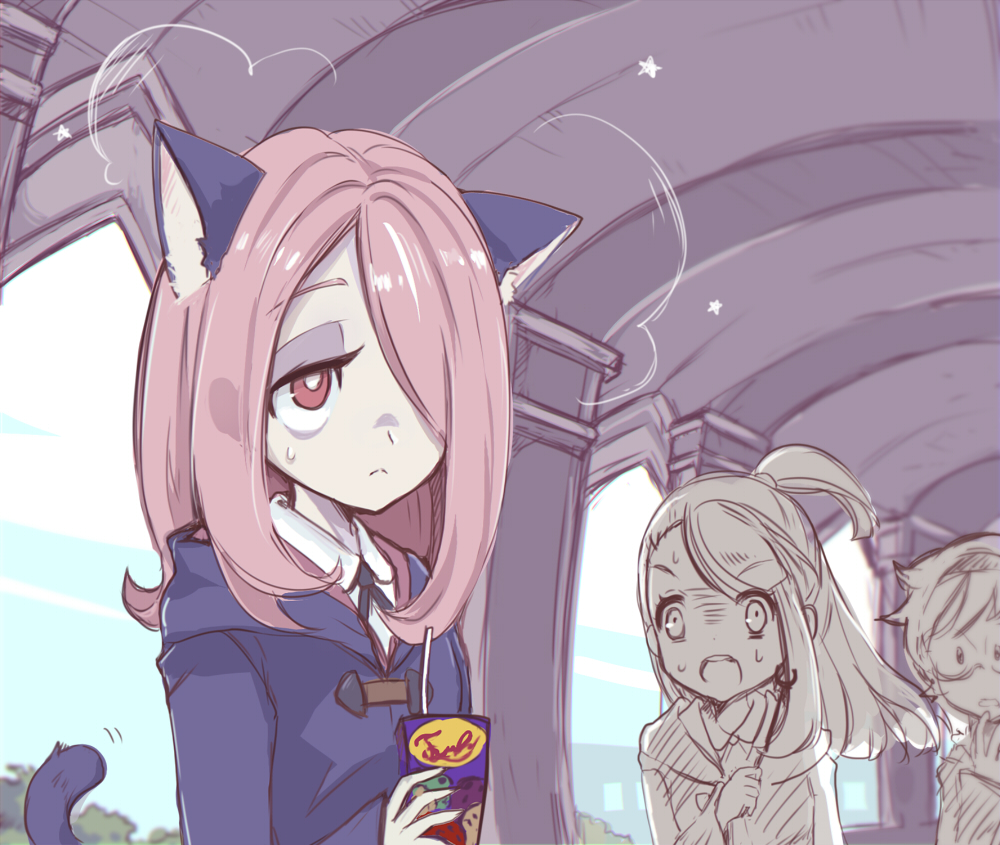 3girls, akko_kagari, animal_ears, cat_ears, cat_tail, glasses, hair_over_one_eye, juice_box