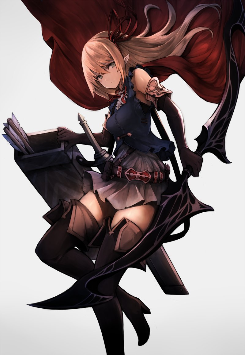 1girl, arisa_(shadowverse), arrow, belt, black_boots, black_gloves, blonde_hair, blue_vest, boots, bow_(weapon), breasts, cape, closed_mouth, elbow_gloves, fletches, gloves, gradient, gradient_background, green_eyes, grey_skirt, hairband, high_heel_boots, high_heels, holding, holding_weapon, inaba_sunimi, long_hair, looking_at_viewer, medium_breasts, pointy_ears, quiver, red_cape, red_hairband, red_ribbon, ribbon, shadowverse, sheath, sheathed, skirt, sleeveless, smile, solo, sword, thigh-highs, thigh_boots, vest, weapon, zettai_ryouiki