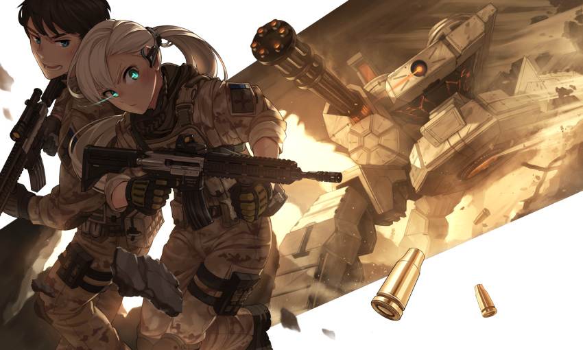 1boy, 1girl, action, assault_rifle, belt, belt_pouch, blonde_hair, blue_eyes, boots, brown_hair, camouflage, carv, casing_ejection, closed_mouth, desert_pattern, dutch_angle, earpiece, eotech, gatling_gun, gloves, glowing, glowing_eyes, gun, heckler_&amp;_koch, hk416, knee_pads, load_bearing_vest, long_hair, mecha, military, military_uniform, open_mouth, original, ponytail, pouch, projected_inset, rifle, rubble, scope, shell_casing, short_hair, sleeves_rolled_up, thigh_strap, uniform, walker, weapon, white_background