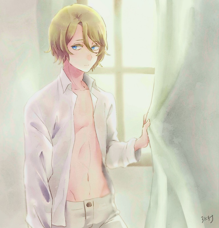 1boy, artist_name, bleach, blonde_hair, blue_eyes, curtains, jugram_haschwalth, male_focus
