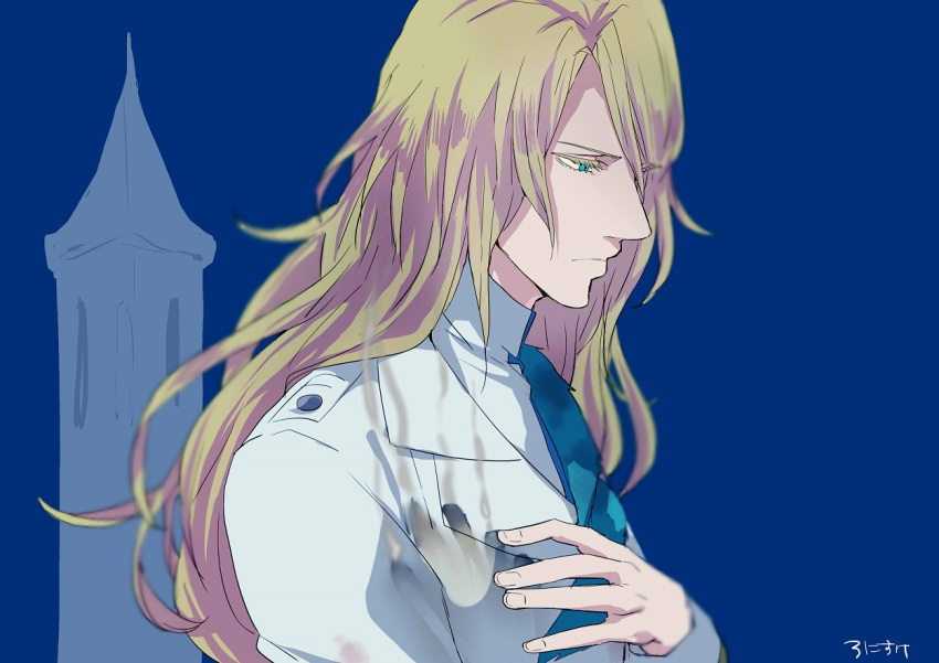 1boy, artist_name, bleach, blonde_hair, blue_background, blue_eyes, jugram_haschwalth, long_hair, male_focus, ronisuke, simple_background, solo, upper_body