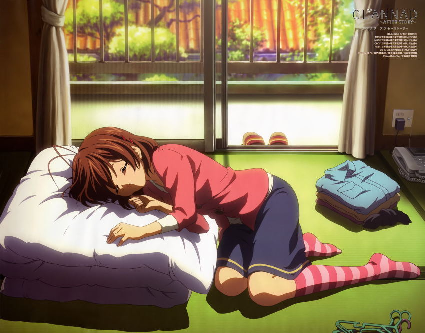 absurdres, antenna_hair, brown_hair, casual, clannad, closed_eyes, furukawa_nagisa, highres, hikiyama_kayo, kneehighs, official_art, pink_legwear, sleep, sleeping, socks, striped, striped_kneehighs, striped_socks
