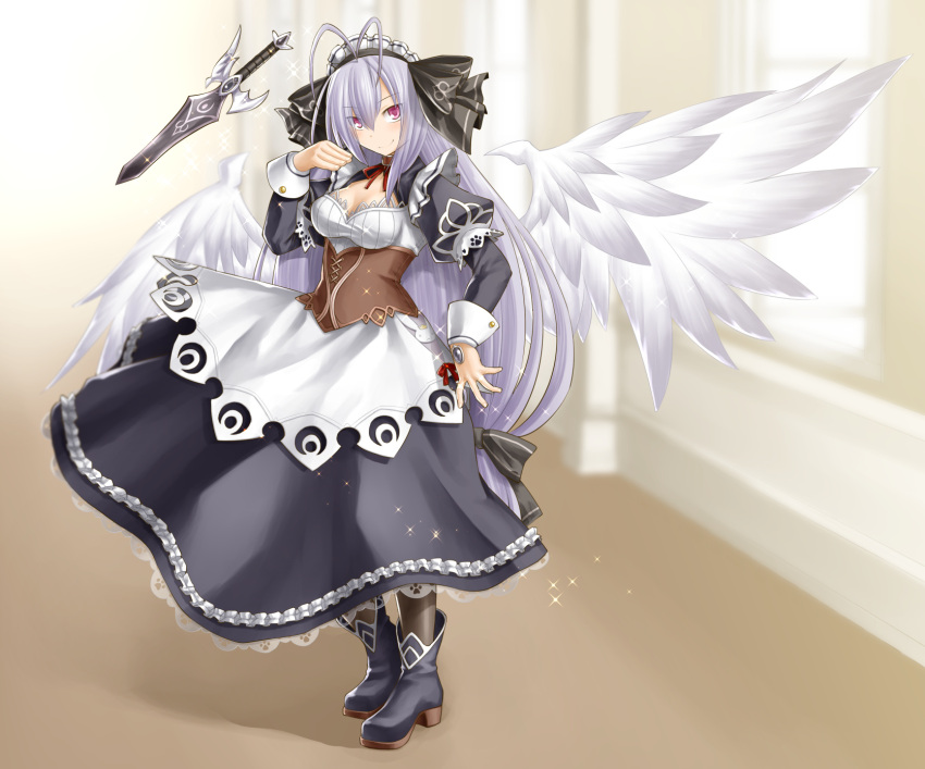 1girl, ankle_boots, antenna_hair, apron, black_legwear, blush, boots, breasts