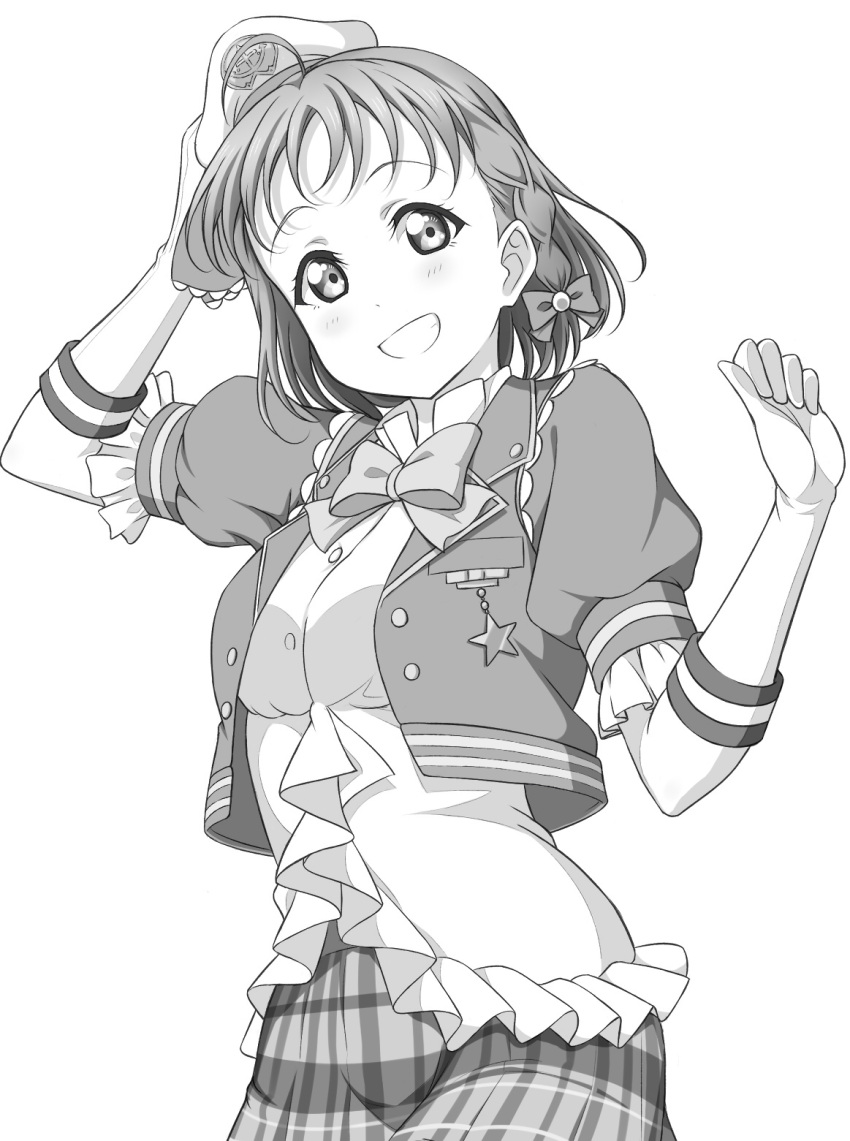 1girl, bangs, blush, bow, bowtie, braid, gloves, greyscale