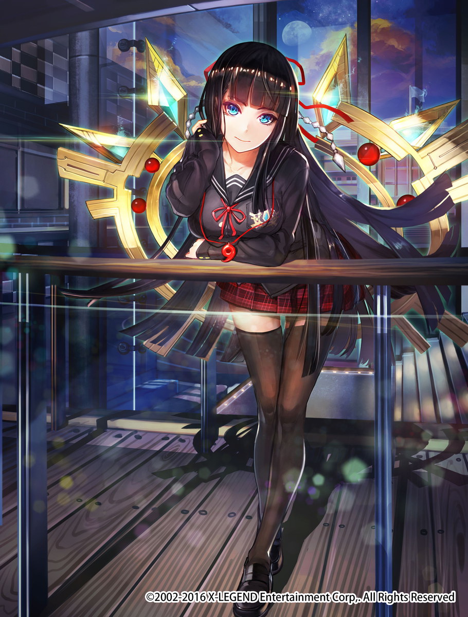 1girl, bangs, black_hair, black_shirt, blue_eyes, blunt_bangs, breast_pocket, brown_legwear