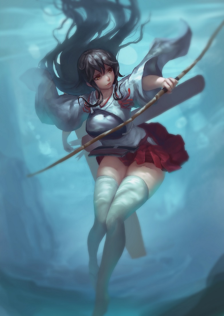 1girl, akagi_(kantai_collection), arm_at_side, bangs, bow_(weapon), breastplate, brown_eyes, brown_hair