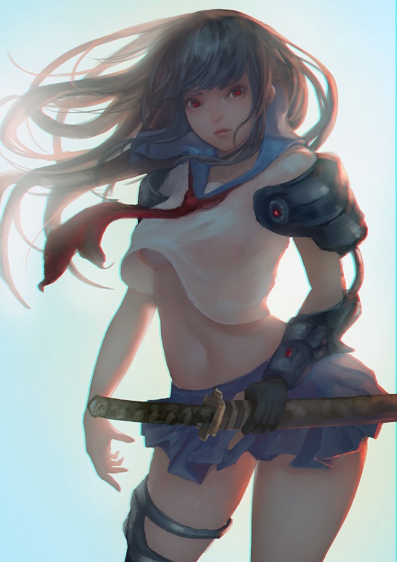 1girl, arm_at_side, armor, black_hair, blue_skirt, breasts, closed_mouth, cowboy_shot