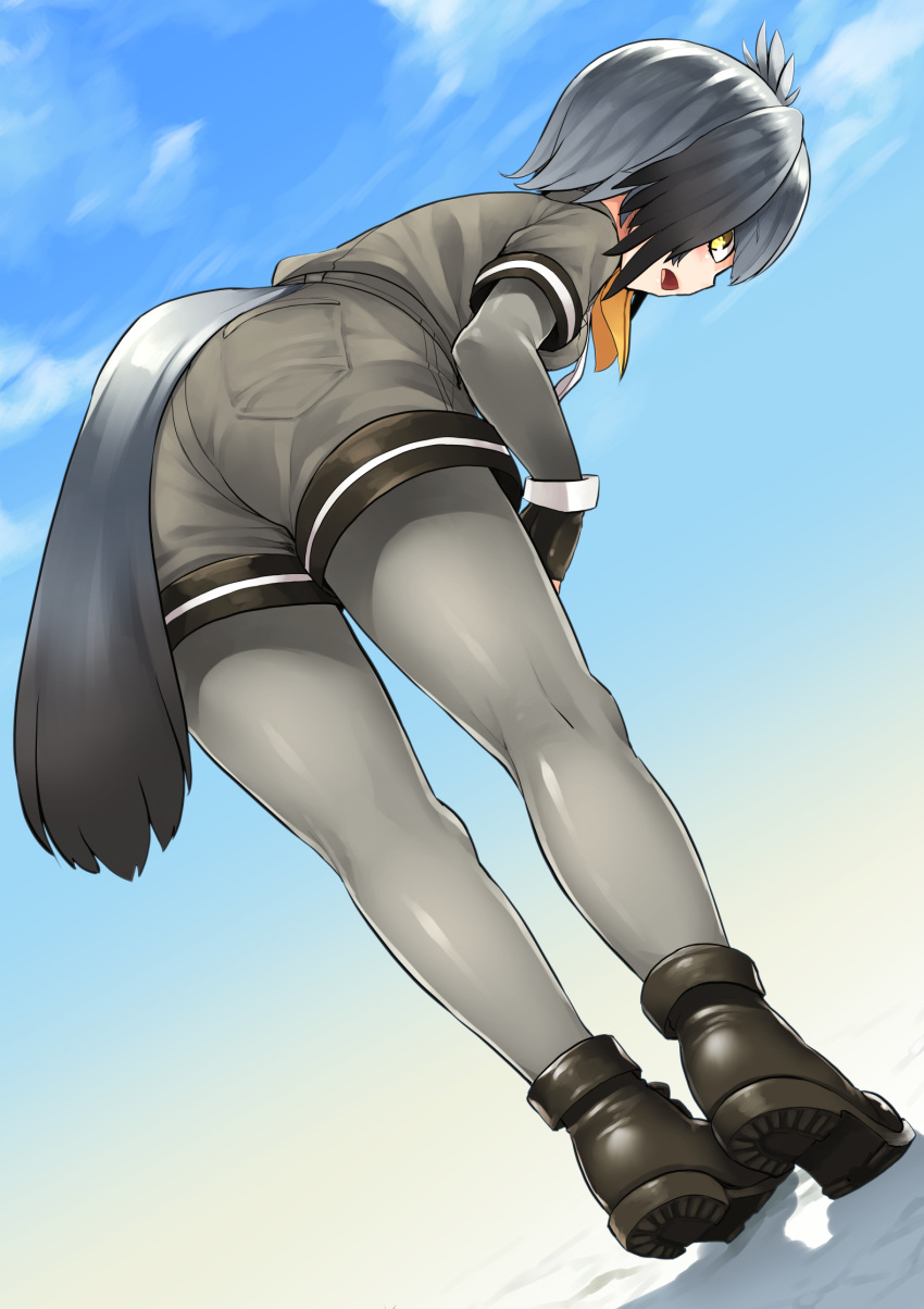 1girl, aaru_(tenrake_chaya), ass, bangs, belt, bent_over, bird_tail, bird_wings