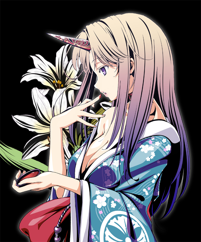 alternate_costume, azuma_syoujuan, bare_shoulders, breasts, brown_hair, cleavage, flower, gradient_hair