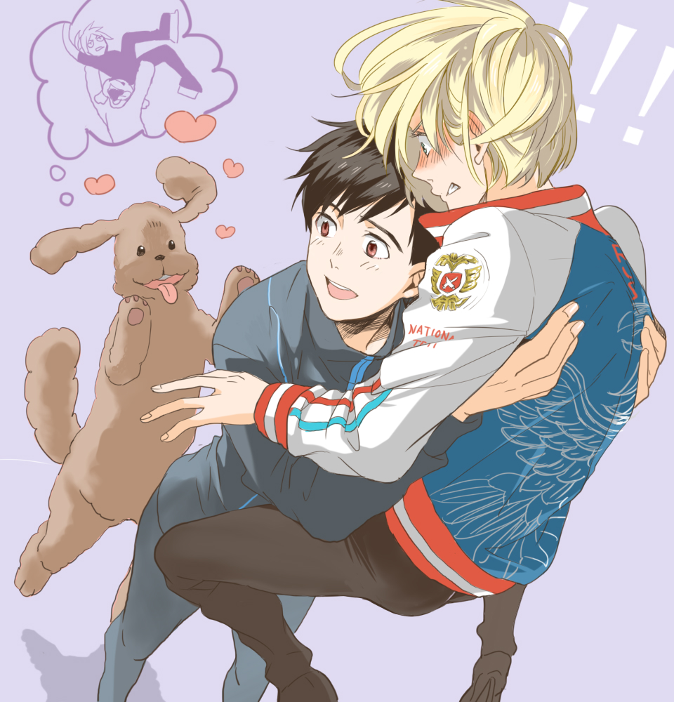 !!, 2boys, black_hair, blonde_hair, blush, brown_eyes, clenched_teeth, dog
