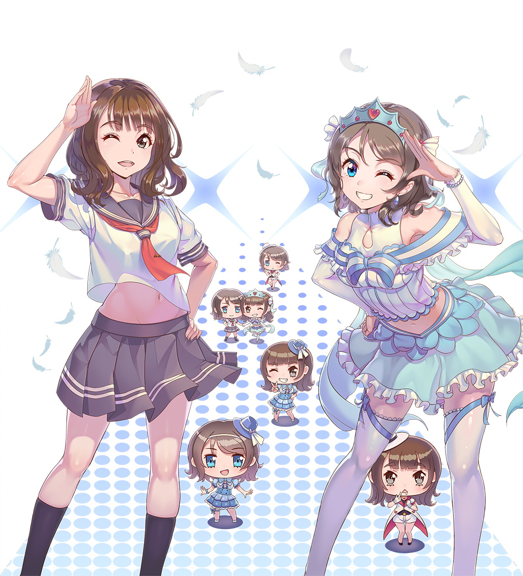 6+girls, bangs, belly_peek, black_eyes, black_legwear, blue_eyes, blue_skirt, blush