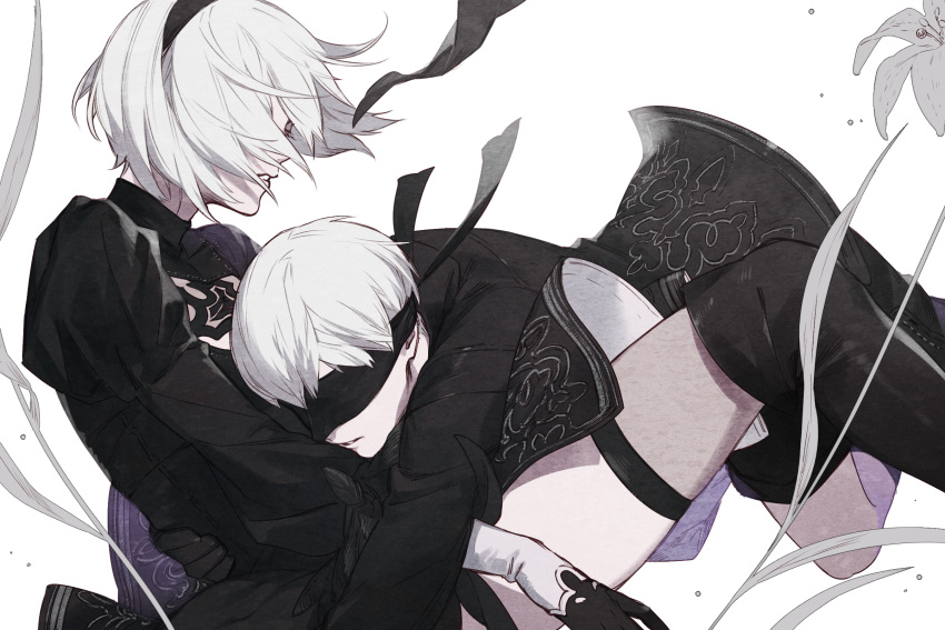 1boy, 1girl, bangs, black_boots, black_dress, black_gloves, black_hairband, black_jacket, black_legwear, black_shorts, blindfold, blindfold_removed, boots, breasts, cleavage_cutout, covered_eyes, dress, feather-trimmed_sleeves, feather_trim, floating_hair, flower, gloves, hairband, hand_on_another's_back, highres, hug, jacket, juliet_sleeves, kazari_tayu, knees_up, long_sleeves, nier_(series), nier_automata, no._7_(nier), nose, open_mouth, parted_lips, puffy_sleeves, ribbed_dress, short_dress, short_hair, shorts, silver_hair, simple_background, teeth, thigh-highs, thigh_boots, turtleneck, vambraces, white_hair, yorha_no._2_type_b, yorha_no._9_type_s