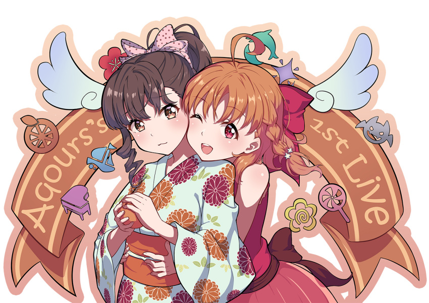 2girls, :3, ;d, ahoge, bangs, bow, braid, brown_eyes