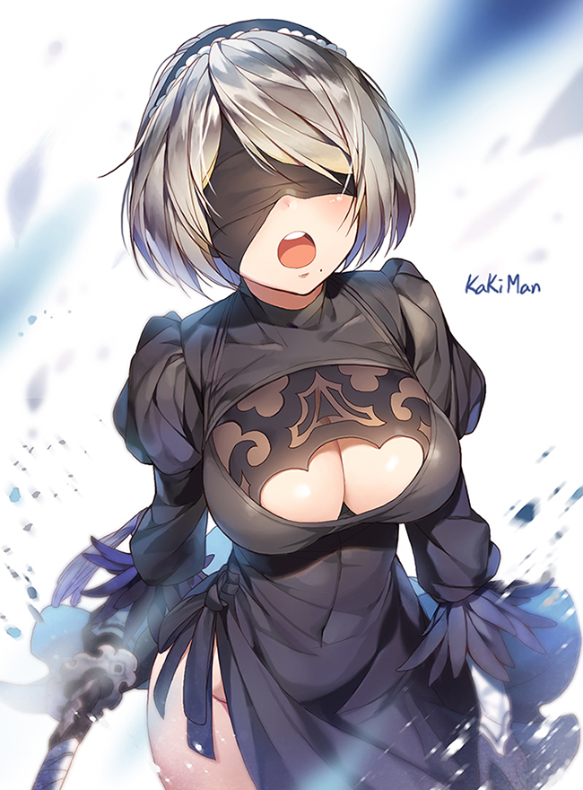 1girl, arm_at_side, artist_name, black_dress, black_gloves, black_hairband, black_ribbon, blindfold