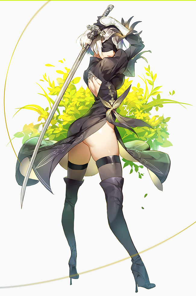 1girl, arms_up, ass, back_opening, black_boots, black_dress, black_gloves, black_hairband