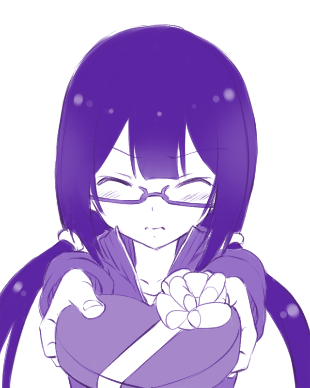 1girl, blush, chocolate, chocolate_heart, closed_eyes, commentary_request, glasses, hair_ornament