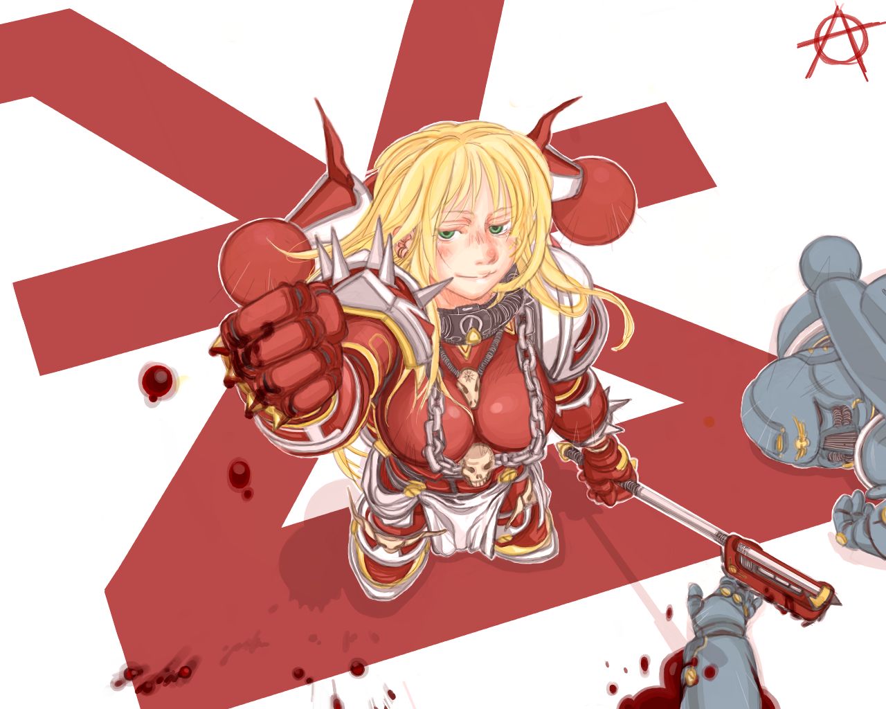 axe, blonde_hair, blood, chaos_(warhammer), chaos_space_marine, circle_a, genderswap, green_eyes