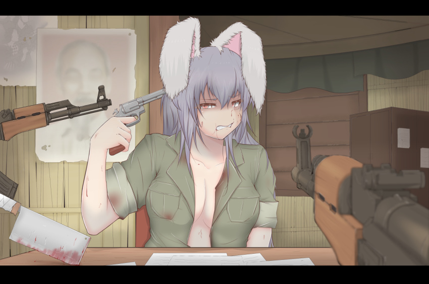 1girl, ak-47, alternate_costume, animal_ears, assault_rifle, bangs, blood, blood_stain, blue_hair, breast_pocket, breasts, butcher_knife, center_opening, commentary_request, cube85, gun, handgun, ho_chi_minh, holding, holding_gun, holding_weapon, large_breasts, letterboxed, long_hair, looking_at_viewer, military, military_uniform, open_clothes, open_shirt, orange_eyes, parted_lips, pocket, pointing, pointing_at_self, poster_(object), rabbit_ears, reisen_udongein_inaba, revolver, rifle, scowl, shaded_face, shirt, table, touhou, uniform, upper_body, weapon