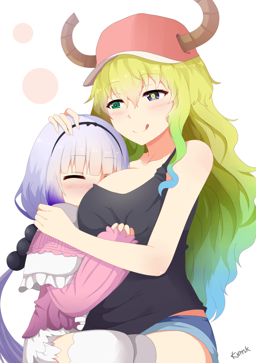 2girls, :q, artist_name, bangs, bare_arms, bare_shoulders, baseball_cap, beads, between_breasts, bima_rahmaa, black_bow, black_hairband, black_shirt, blonde_hair, blouse, blue_hair, blue_shorts, blunt_bangs, blush, bow, breast_smother, breasts, capelet, closed_eyes, closed_mouth, collarbone, cowboy_shot, deep_skin, dragon_girl, dragon_horns, dress, eyebrows_visible_through_hair, frilled_capelet, frilled_skirt, frills, gothic_lolita, gradient, gradient_eyes, gradient_hair, green_eyes, green_hair, hair_beads, hair_between_eyes, hair_bow, hair_ornament, hairband, hand_on_another's_head, hand_on_another's_shoulder, hand_up, hat, head_between_breasts, head_on_chest, heterochromia, highres, horns, hug, kanna_kamui, kobayashi-san_chi_no_maidragon, large_breasts, lavender_hair, lolita_fashion, long_hair, long_sleeves, low_twintails, microdress, multicolored, multicolored_eyes, multicolored_hair, multiple_girls, pink_hat, purple_hair, quetzalcoatl_(maidragon), shirt, shirt_grab, short_shorts, shorts, simple_background, sitting, sitting_on_lap, sitting_on_person, skindentation, skirt, sleeveless, sleeveless_shirt, slit_pupils, smile, tank_top, thigh-highs, tongue, tongue_out, twintails, violet_eyes, wavy_hair, white_background, white_hair, white_legwear, yellow_pupils, yuri
