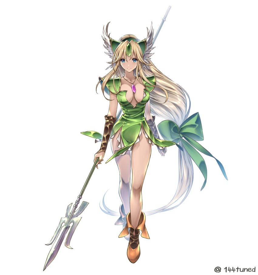 144_(riesztan), 1girl, arms_at_sides, bangs, blonde_hair, blue_eyes, blush, boots, bow, breasts, brown_boots, cleavage, closed_mouth, crying, crying_with_eyes_open, dress, forehead_jewel, frown, full_body, green_bow, green_dress, hair_bow, helmet, highres, holding, holding_weapon, jewelry, large_breasts, long_hair, looking_at_viewer, low-tied_long_hair, parted_bangs, pauldrons, pendant, polearm, riesz, seiken_densetsu, seiken_densetsu_3, short_dress, sidelocks, solo, spear, standing, tachi-e, tears, twitter_username, very_long_hair, weapon, white_background, winged_helmet