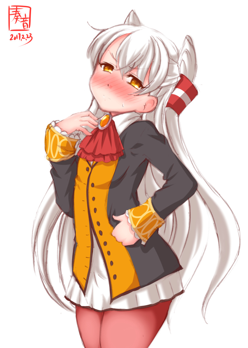 1girl, alternate_costume, amatsukaze_(kantai_collection), ascot, blush, brown_eyes, commentary_request, cosplay, fate/grand_order, fate_(series), hair_tubes, highres, kanon_(kurogane_knights), kantai_collection, long_hair, looking_at_viewer, olga_marie, olga_marie_(cosplay), pantyhose, pleated_skirt, red_legwear, silver_hair, simple_background, sketch, skirt, solo, sweat, two_side_up, white_background
