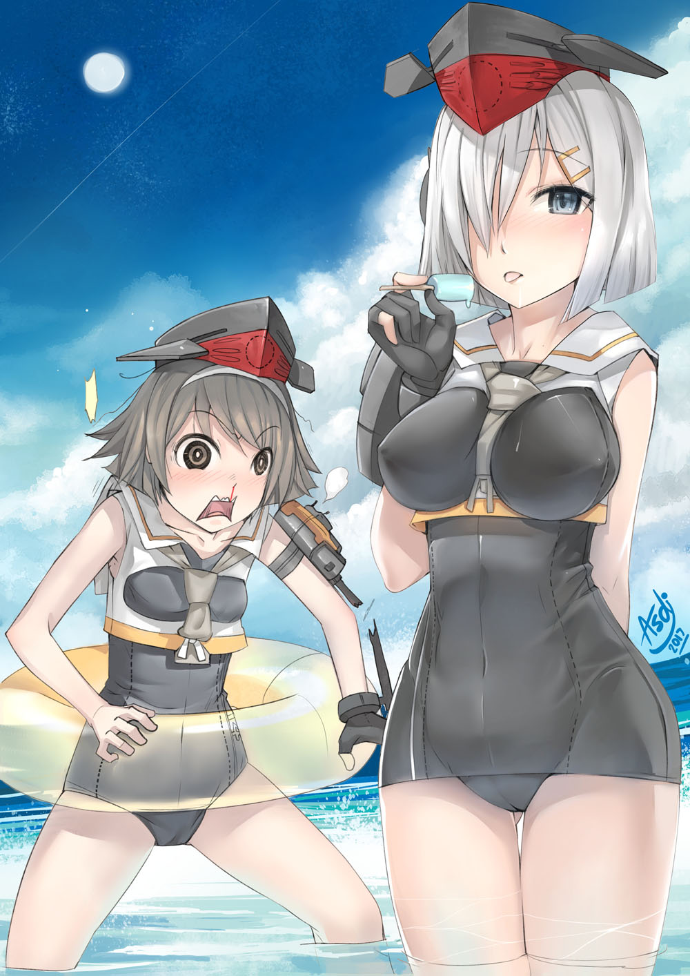 2girls, alternate_costume, asdj, black_eyes, blood, blue_sky, breast_envy, clouds