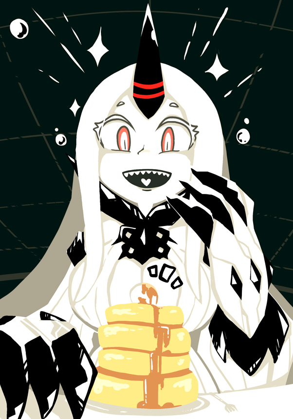 1girl, :d, breasts, claws, cleavage, detached_sleeves, food, heart